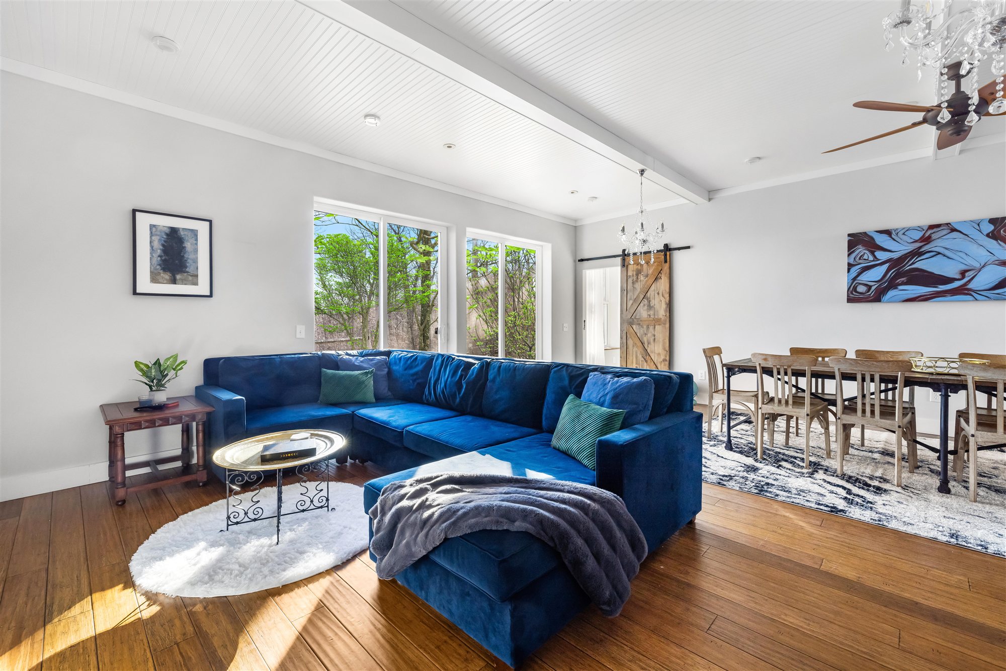 Lounge with sliding barn door