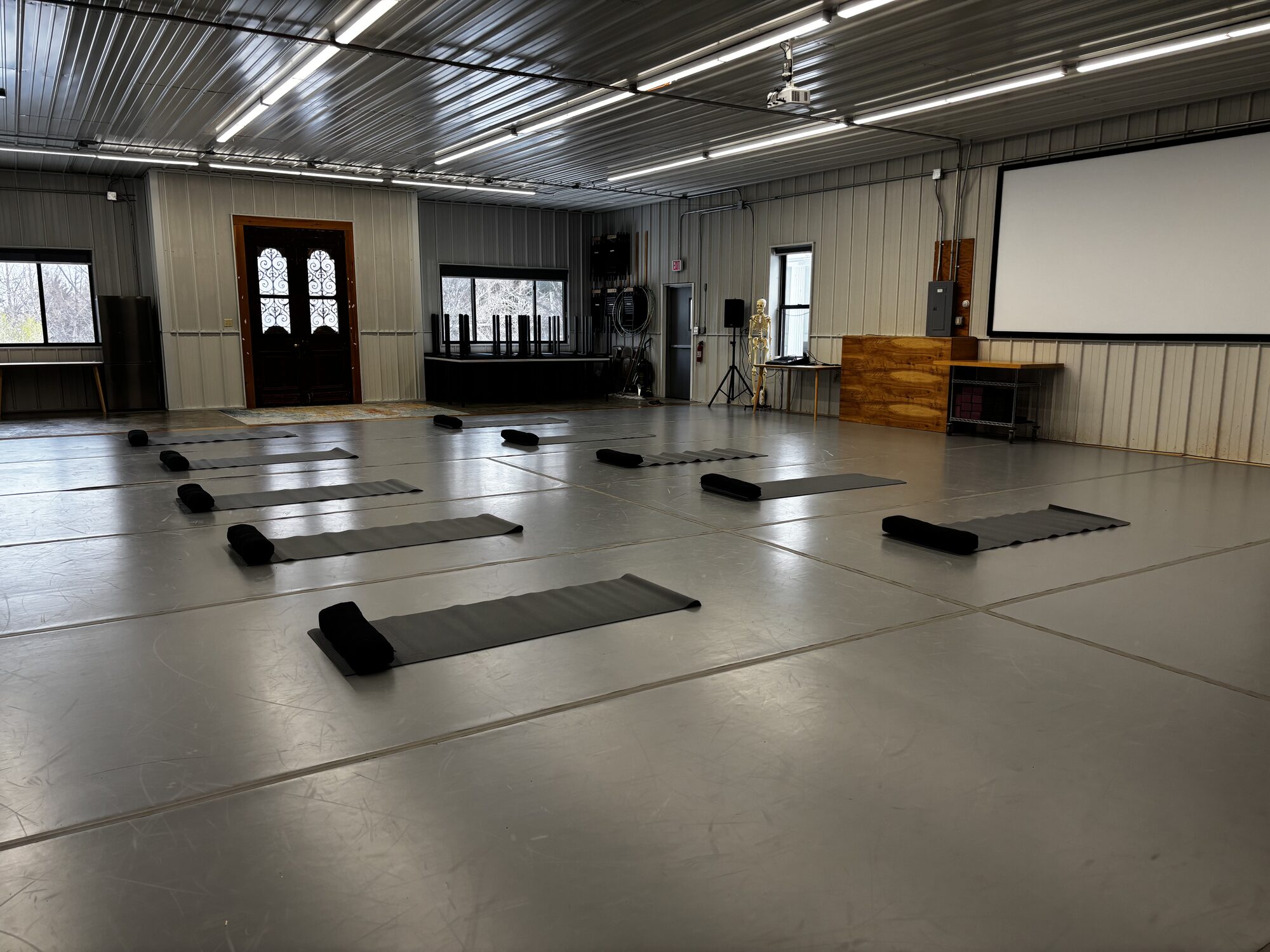 The event space — 2,500 sq ft, set for a yoga retreat